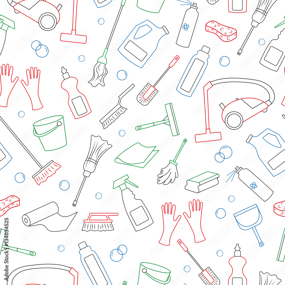 Seamless pattern on the theme of cleaning and household equipment and cleaning products, simple colored contour icons on white background