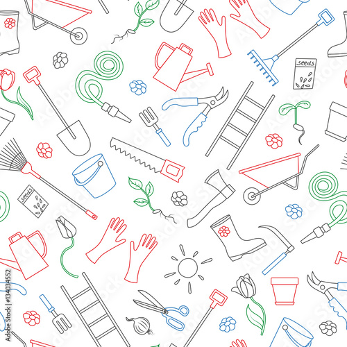 Seamless pattern on the theme of the garden , planting and growing harvest, simple colored contour icons on white background