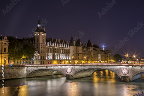 The Seine River and Pont Saint-Michel Bridge at night