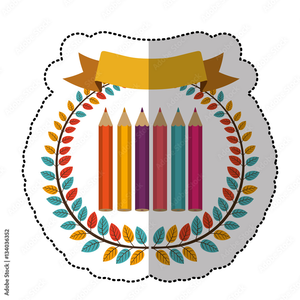 Obraz premium middle shadow sticker with colorful olive crown with ribbon and colored pencils vector illustration