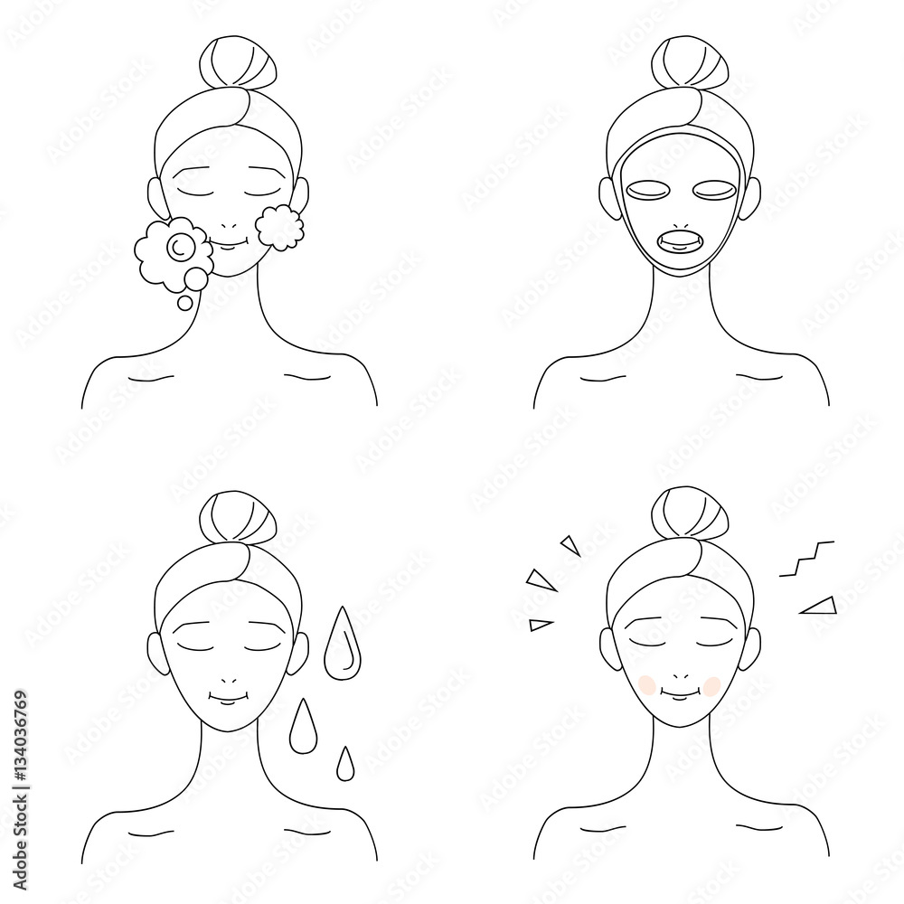 Icon set for skin care infographics. Cute cartoon woman uses a mask. Step by step procedure of using a cosmetic mask. Black and white simple icons. Icon set for skin care infographics. Cute cartoon woman uses a mask. Step by step procedure of using a cosmetic mask. Black and white simple icons.