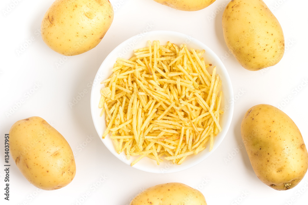 Potato Sticks into a bowl Potato Sticks into a bowl