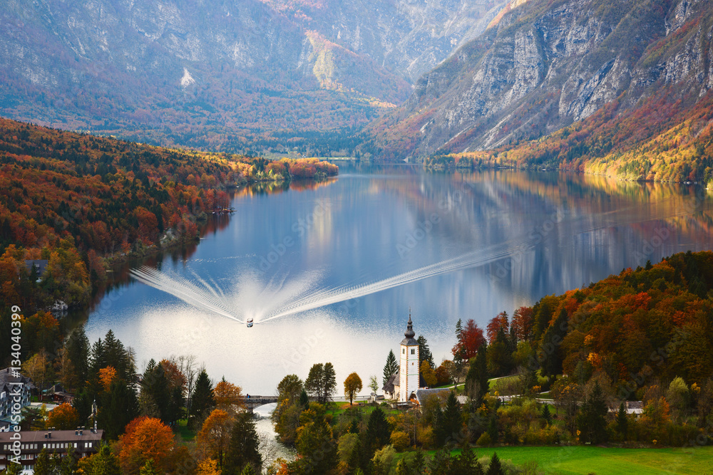 Obraz premium Aerial view of Bohinj lake in Julian Alps, Slovenia