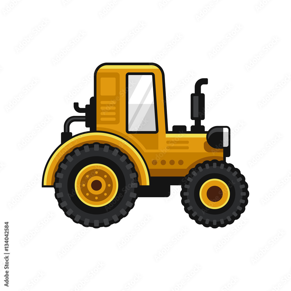 Yellow Farm Tractor Icon on White Background. Vector