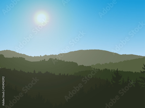 Panorama landscape with dark silhouettes of hills, mountains, forest, blue clear sky, sunshine - vector illustration