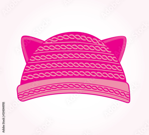 Pink knitted hat with cat ears. Pussy cat hat vector. Cute woman hat.