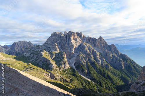 Sexten Dolomites panorama and mountain Dreischusterspitze in South Tyrol, Italy