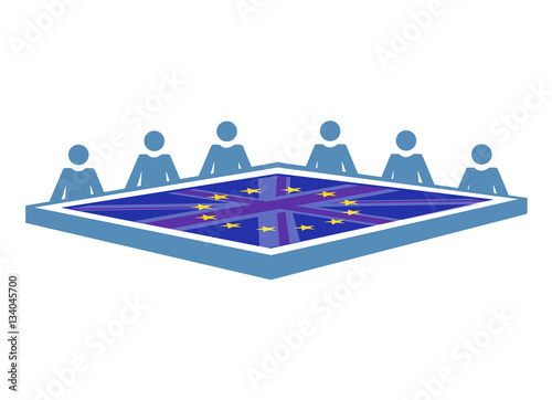 A conference table with people and the European flag blended with the British flag