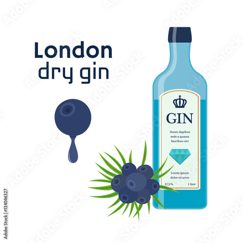 Traditional dry gin in blue bottle, juniper berries. Dry gin.