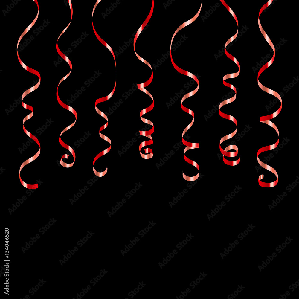 Red curly ribbons. Serpentine on black background. Colorful