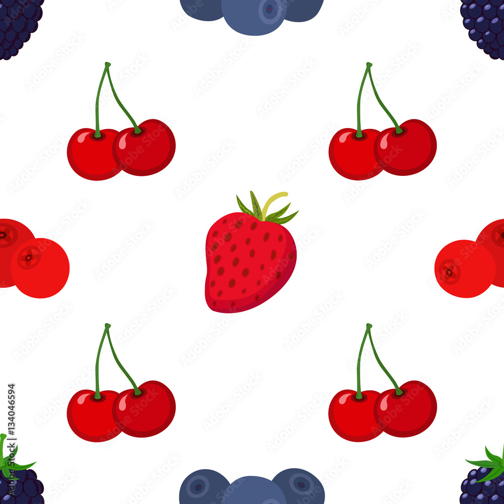 Cartoon berries pattern. Strawberry, blueberry, cranberry, cherry