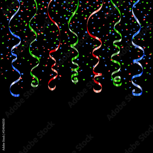 Green  red  blue ribbon confetti. Serpentine on black background. Colorful streamers. Design decoration party  birthday  Christmas  New Year celebration  anniversary  carnival Vector illustration
