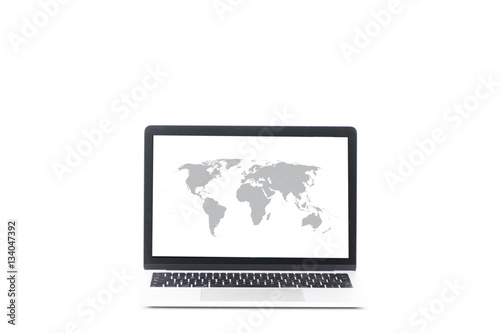 Laptop computer with World map on screen.