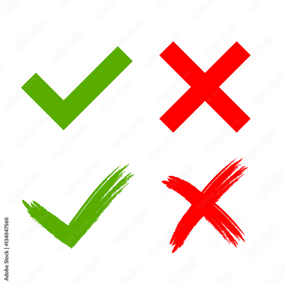 Tick and cross grunge and simple signs. Green checkmark OK and red X icons, isolated on white background. Marks design. symbols YES and NO button for vote, decision, web. Vector illustration Tick and cross grunge and simple signs. Green checkmark OK and red X icons, isolated on white background. Marks design. symbols YES and NO button for vote, decision, web. Vector illustration