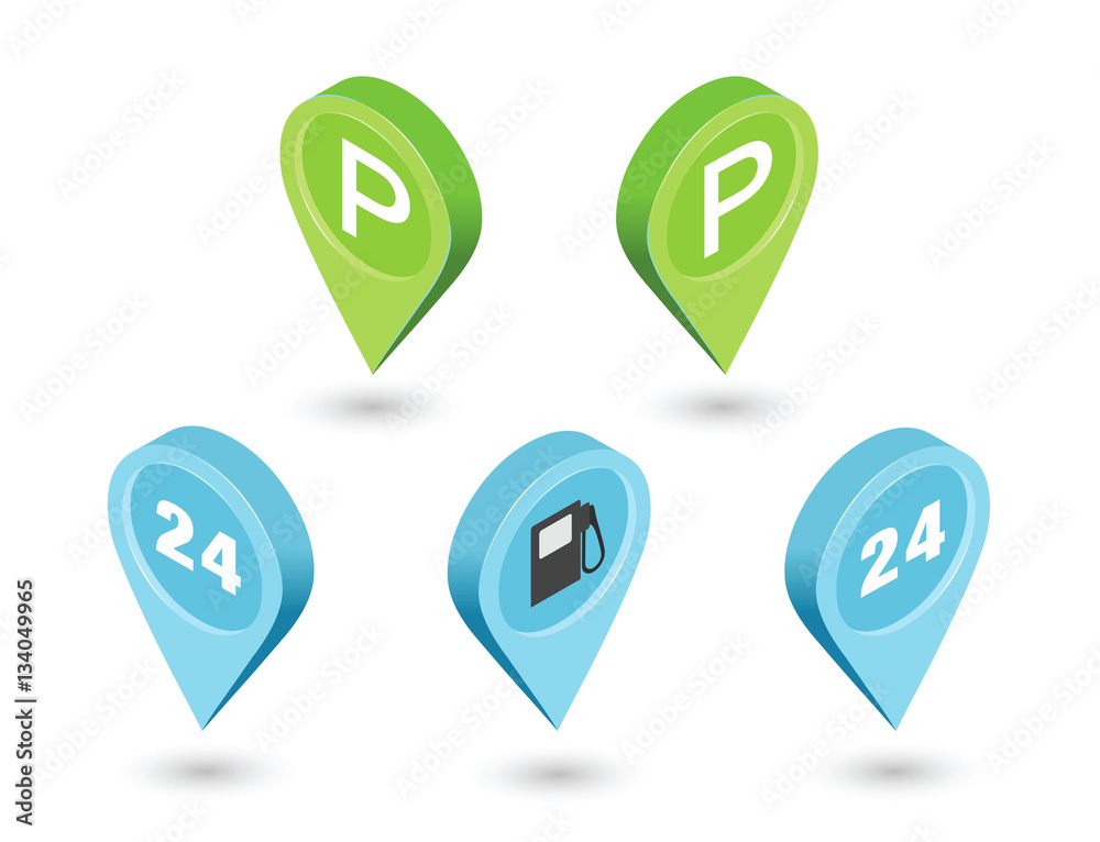 Vector isometric sat of road pointer pin, car parking sign, gas station. Vector isometric sat of road pointer pin, car parking sign, gas station.