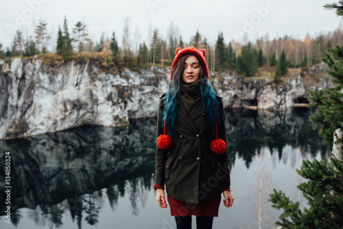 Photography Pretty nice girl enjoy beautiful lake view from the hilltopl and good weather in Karelia