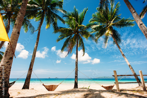 tropical beach, Philippines, palm trees with hammocks, blue sky, sea