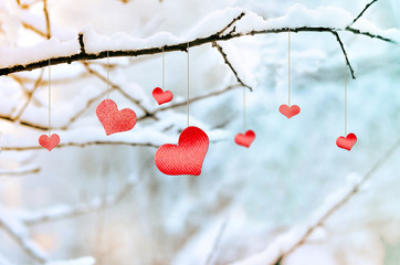 Wooden red heart on snowy tree branch in winter.