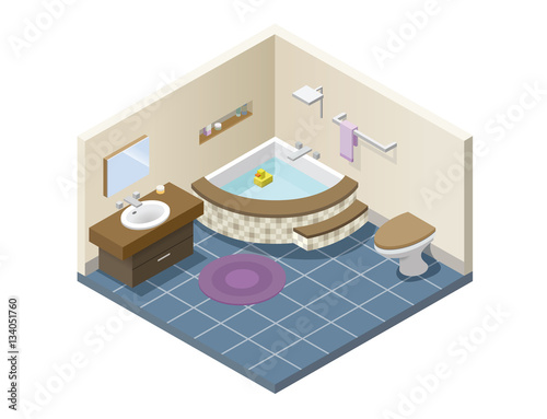 Vector isometric modern bathroom, set of bath furniture