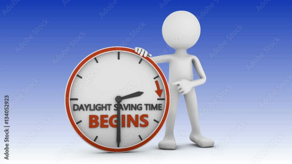 man points to the time change to daylight saving time on white background. 3d render. man points to the time change to daylight saving time on white background. 3d render.