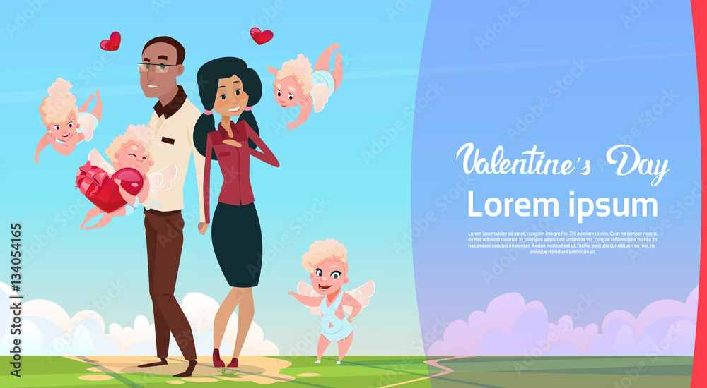 Valentine Day Gift Card Holiday Lovers Couple Love Cupid Heart Shape Flat Vector Illustration Valentine Day Gift Card Holiday Lovers Couple Love Cupid Heart Shape Flat Vector Illustration