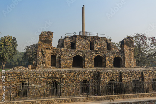 ashoka pillar on pyramidal structure  and a dog in Feroz Shah Kotla complex in Delhi, India, Asia.