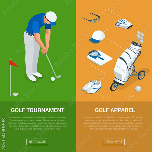 Vertical Golf Club banners with golf tournament and apparel, championship. Flat vector illustration for website or flayers.