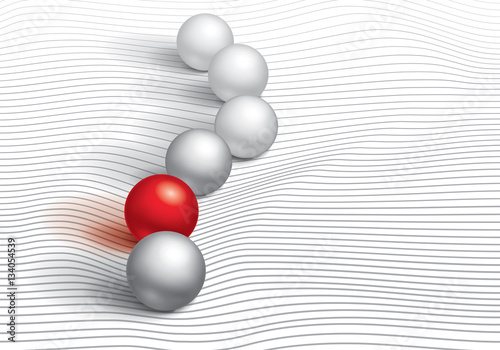 Volumetric red ball and a few gray areas on striped and wrinkled surface, wave lines, minimalistic vector abstraction
