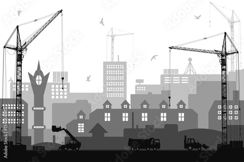 Industrial flat style city under construction background. Vector illustration