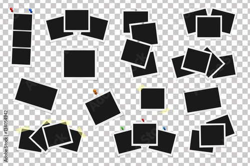 Set of square vector frames on sticky tape, pins and rivets isolated isolated. Template photo design. Vector illustration