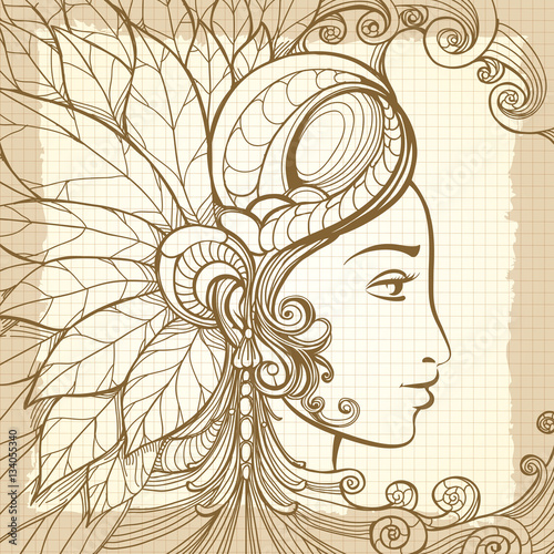 Zentangle woman face and decorative elements on notebook background. Vector illustration