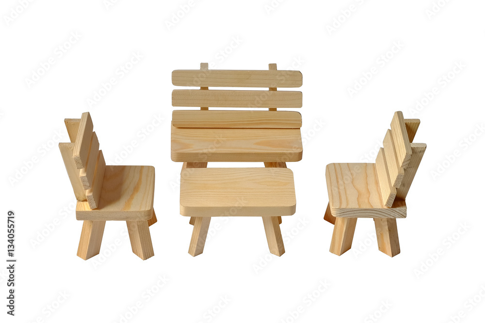 Wooden chairs and tables, small furniture made from wood, rain tree  (softwood). isolated on white background foto de Stock | Adobe Stock