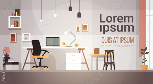 Modern Workplace Cabinet Room Interior Empty No People House Flat Vector Illustration