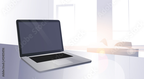 Open Digital Laptop Computer On Table Modern Apartment Window Sun Shine Flat Vector Illustration