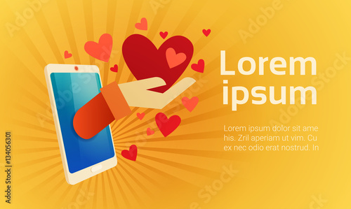 Valentine Day Gift Card Holiday Love Hand Cell Smart Phone Social Network Communication Flat Vector Illustration