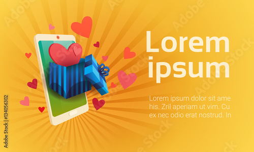 Valentine Day Gift Card Holiday Love Cell Smart Phone Social Network Communication Flat Vector Illustration