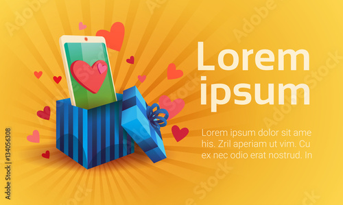 Valentine Day Gift Card Holiday Love Cell Smart Phone Social Network Communication Flat Vector Illustration