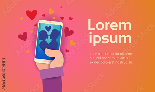 Valentine Day Gift Card Holiday Couple Love Cell Smart Phone Social Network Communication Flat Vector Illustration