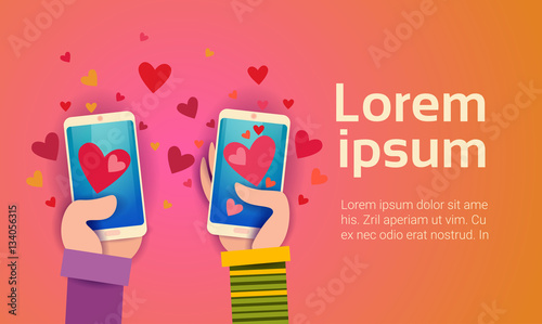 Valentine Day Gift Card Holiday Love Hand Hold Cell Smart Phone Social Network Communication Flat Vector Illustration