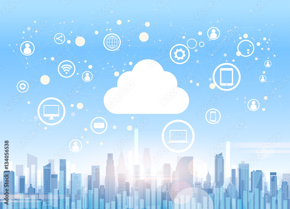 Obraz premium Cloud Computing Technology Device Internet Data Information Storage City Skyscraper View Cityscape Background Vector Illustration