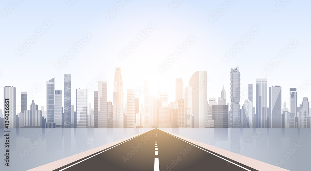 Road To City Skyscraper View Cityscape Background Skyline Silhouette with Copy Space Vector Illustration Road To City Skyscraper View Cityscape Background Skyline Silhouette with Copy Space Vector Illustration