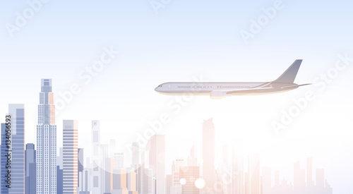 City Skyscraper View Cityscape Flying Plane Skyline Silhouette with Copy Space Infographics Vector Illustration
