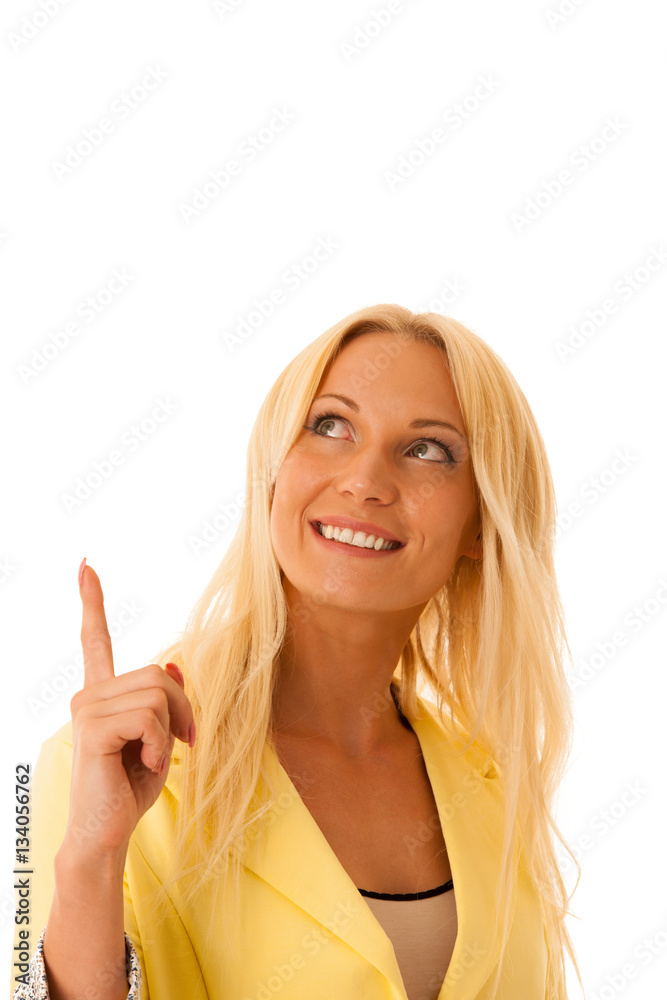 Business woman points into copy space isolated over white backgr Business woman points into copy space isolated over white backgr