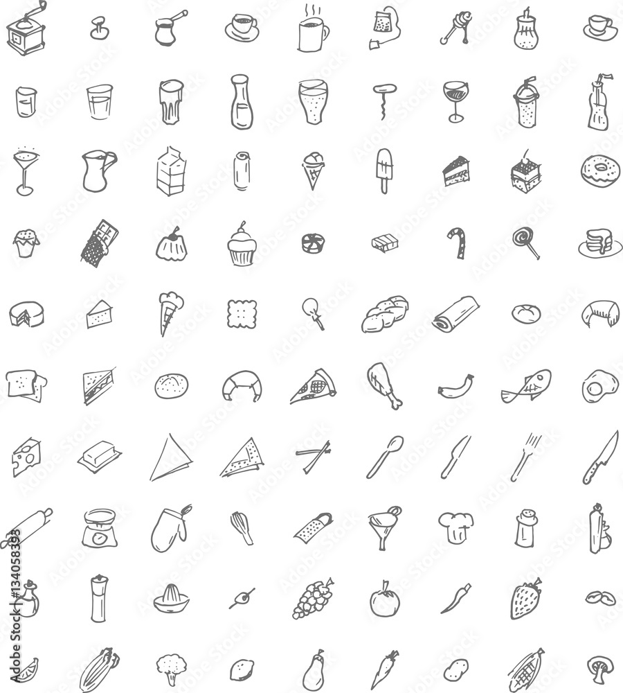 Ninety hand drawn food and kitchenware icons Ninety hand drawn food and kitchenware icons