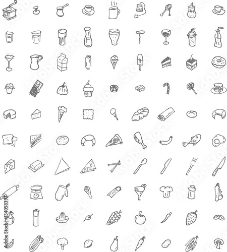 Ninety hand drawn food and kitchenware icons