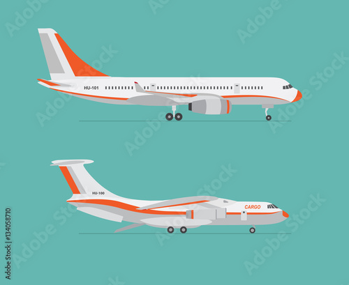 Airliner and cargo airplane on blue background. Flat style. Vector illustration. 