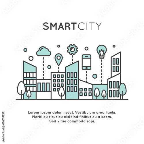 Vector Icon Style Illustration of Smart City Concept and Technology, One Page Web or Mobile Template Composition with Cloud, Buildings, Devices and Smart Solutions