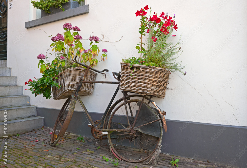 Reused bycycle with baskets of flowers