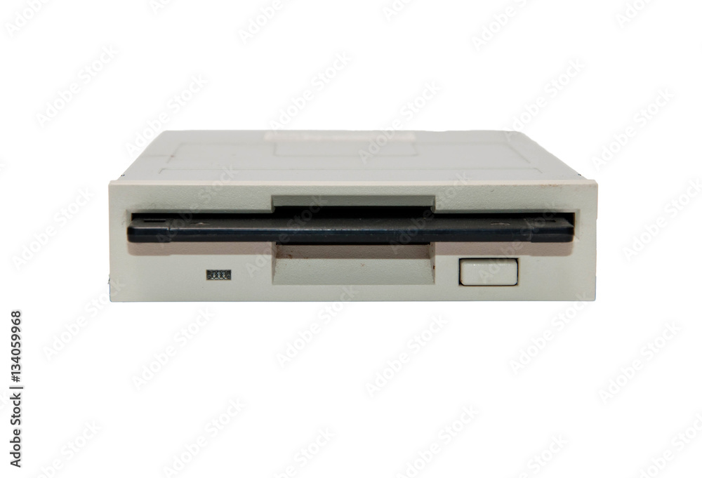Floppy disk drive and diskette on white background Floppy disk drive and diskette on white background