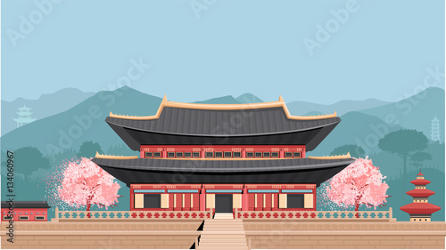 Korean Temple with mountains